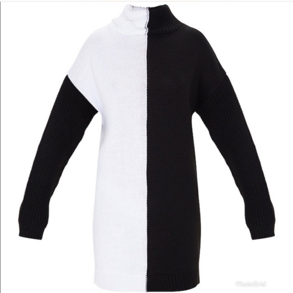 NWOT Split Monochrome Black & White Turtleneck Sweater Dress - Picture 4 of 12